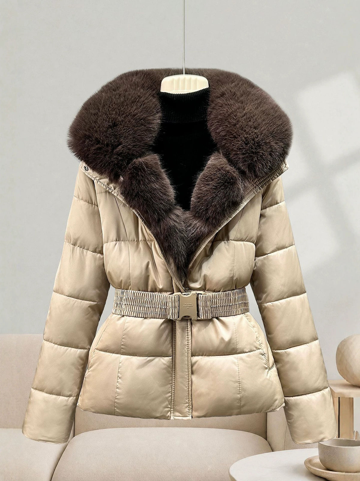 Women's Mid-Length Faux Fur Collar Coat