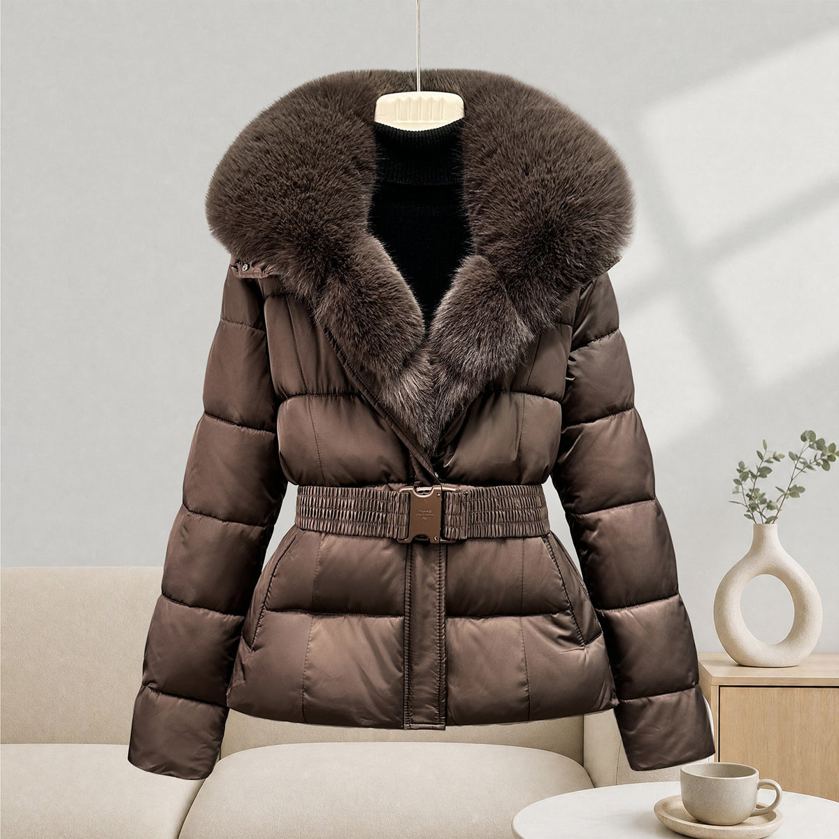 Women's Mid-Length Faux Fur Collar Coat