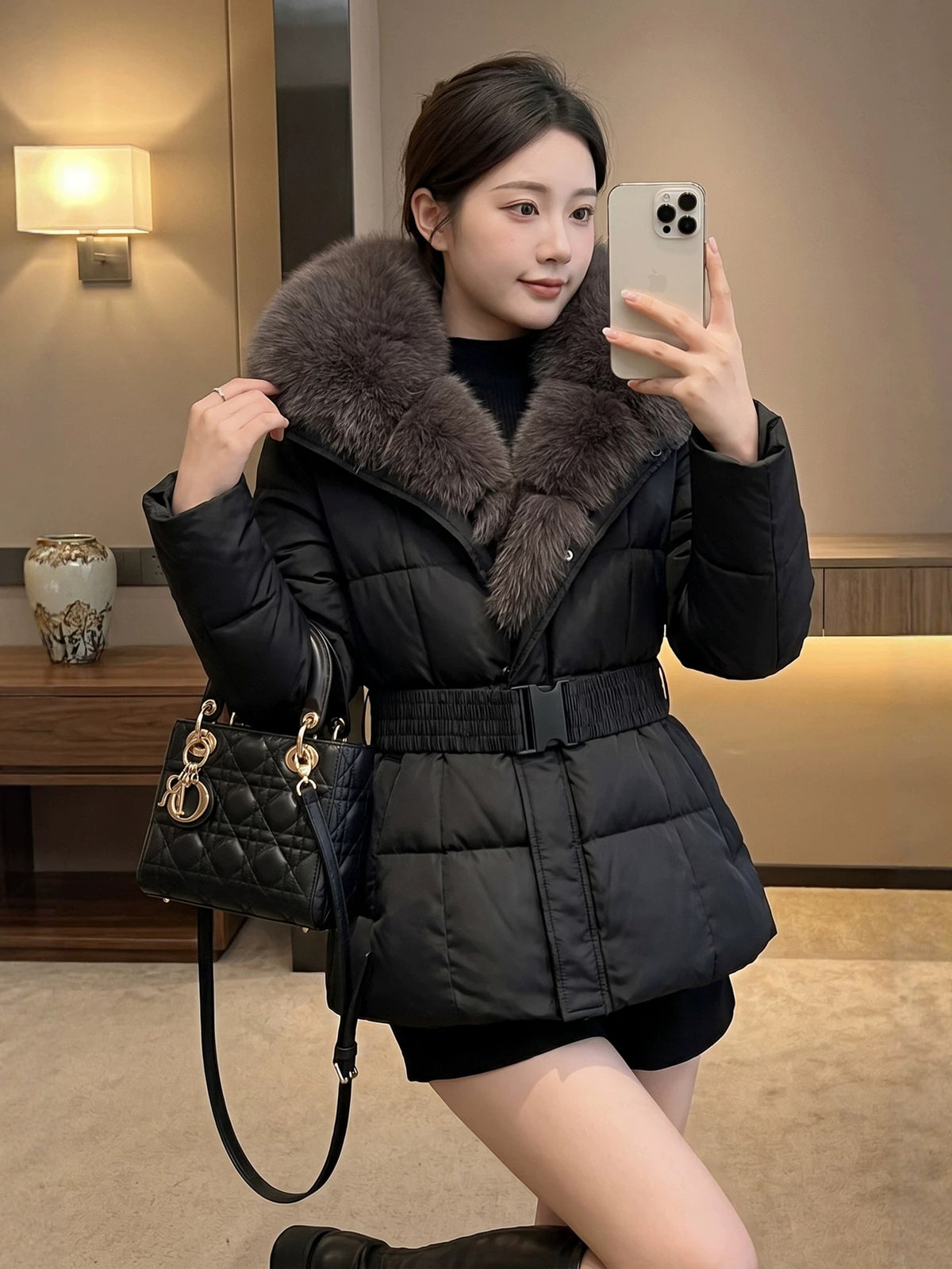 Women's Mid-Length Faux Fur Collar Coat