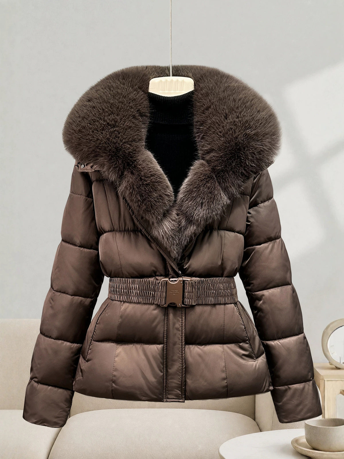Women's Mid-Length Faux Fur Collar Coat